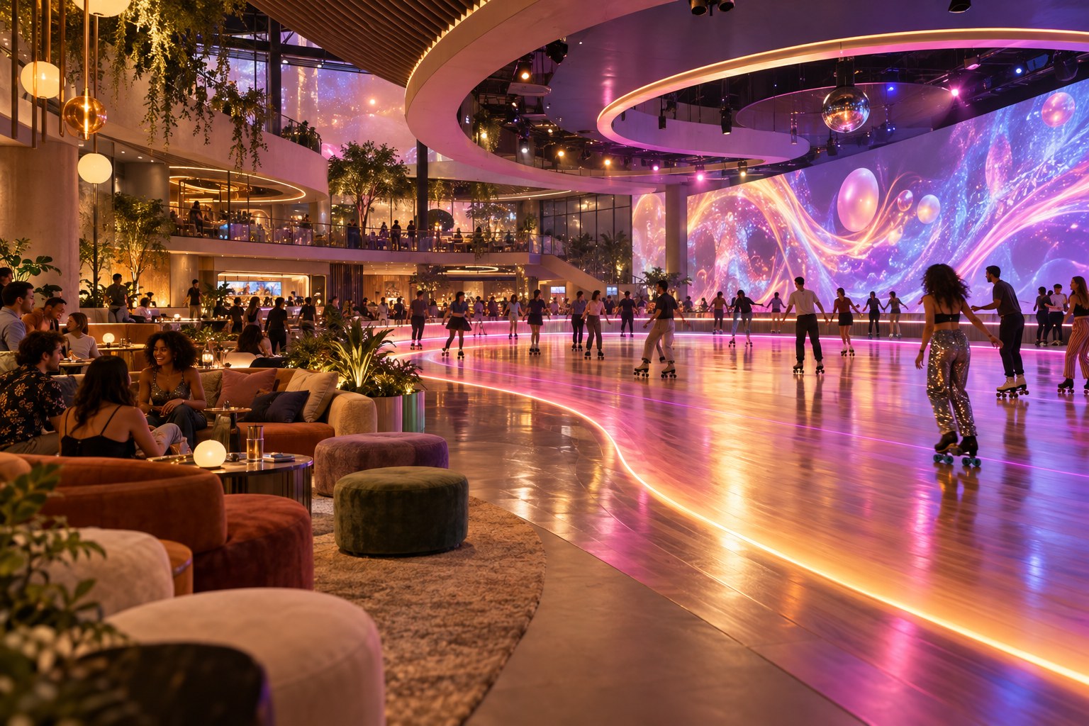 Architectural concept of a future roller rink with immersive projection walls and a community lounge